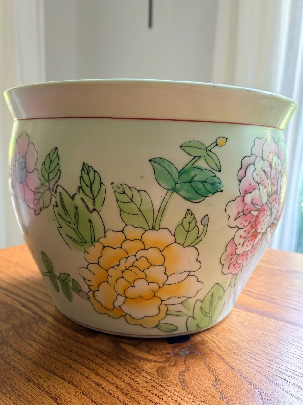 Grandmillenial Chinoiserie Floral Ceramic Planter - Pink & Green Peony Design